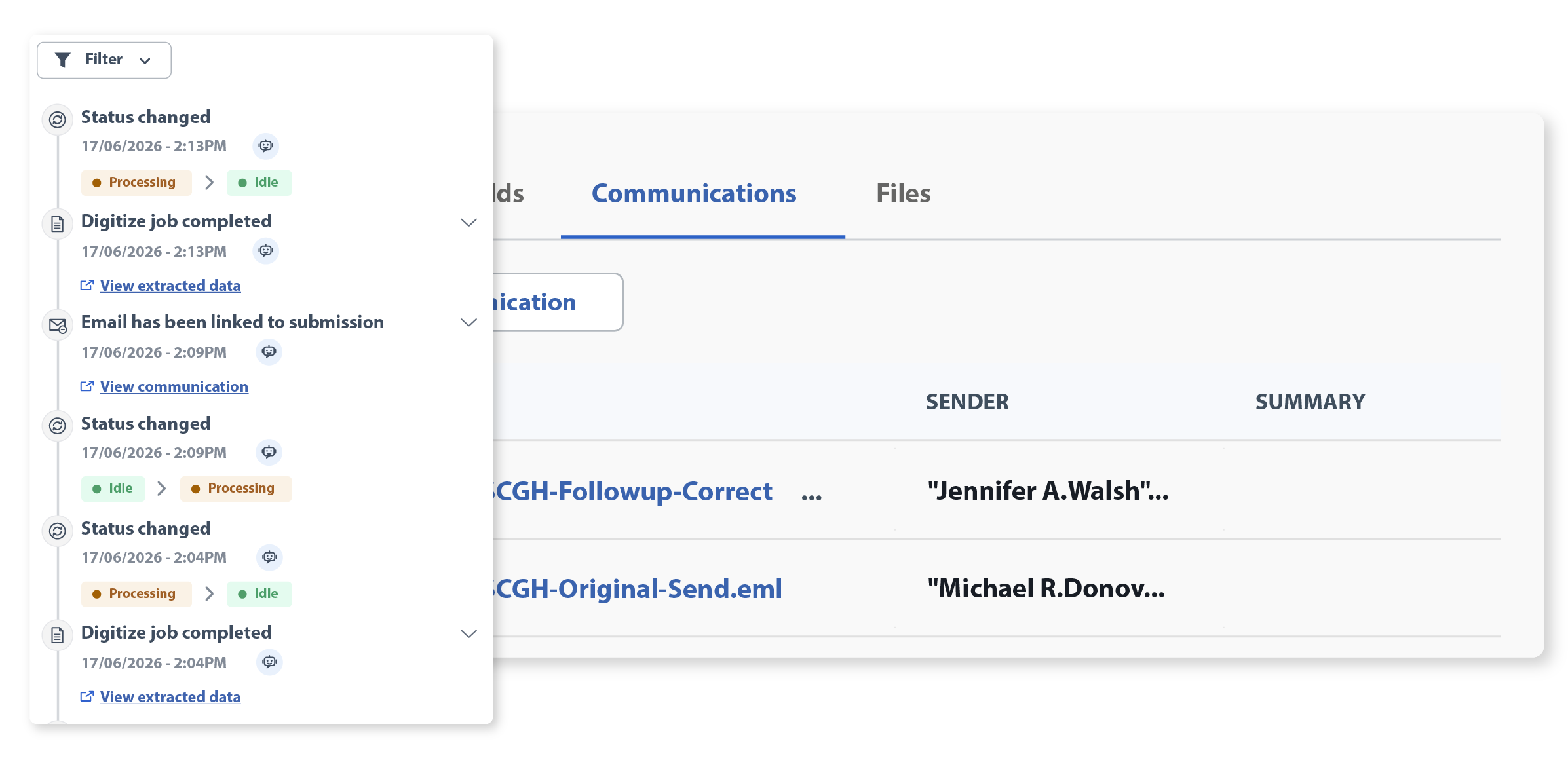 Run the submission workflow from first email to decision-ready risk