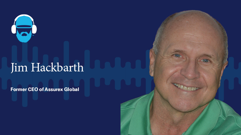 A photo of Jim Hackbarth Former CEO of Assurex Global on a dark blue background with a soundwave design 