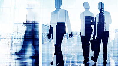 Silhouettes of business people in blue and white